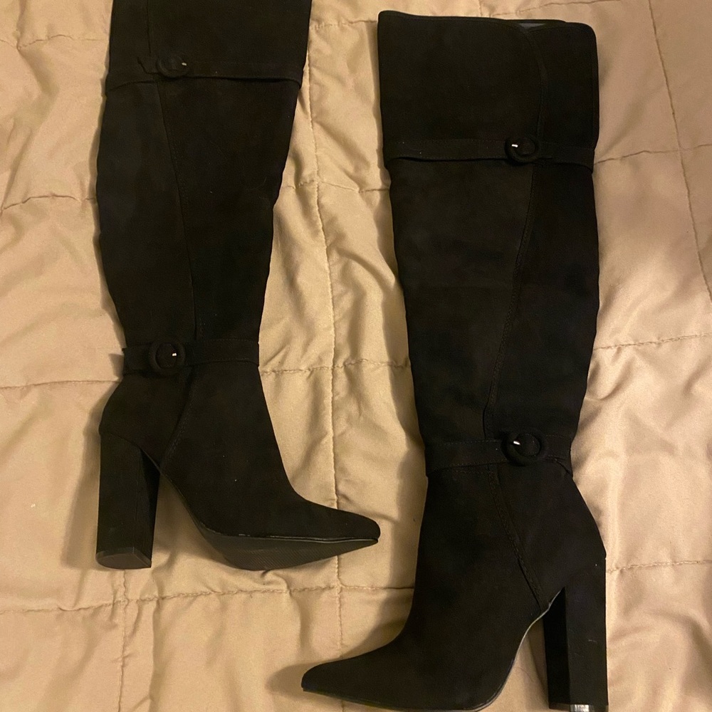 High heel black suede knee high boots
